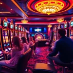 Pemain menikmati kegembiraan deposit slot 1k di kasino mewah dengan lampu berwarna-warni.