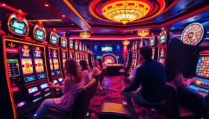 Pemain menikmati kegembiraan deposit slot 1k di kasino mewah dengan lampu berwarna-warni.