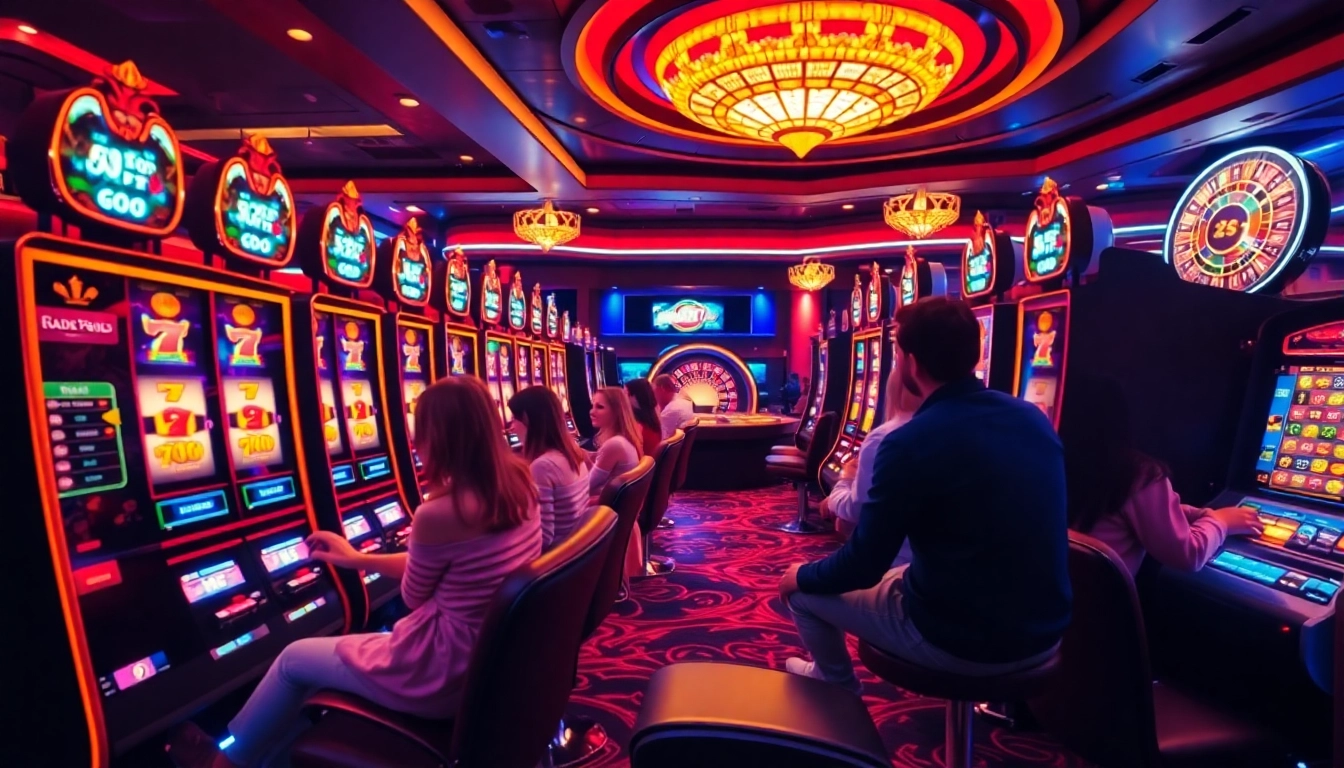 Pemain menikmati kegembiraan deposit slot 1k di kasino mewah dengan lampu berwarna-warni.