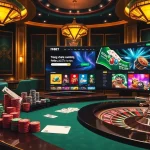 Engaging view of a luxurious casino scene featuring sleek gaming tables with 'trang chủ i9bet' displayed prominently, showing dynamic gambling excitement.