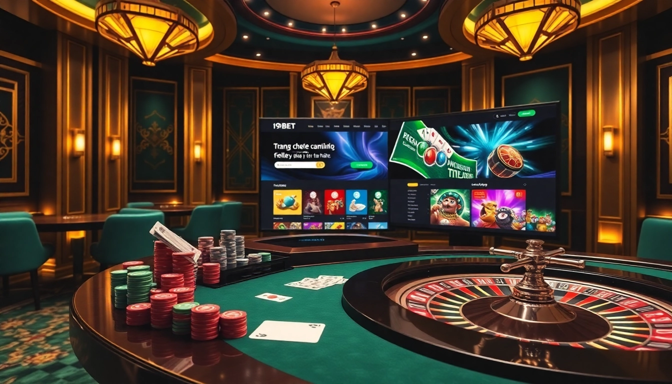 Engaging view of a luxurious casino scene featuring sleek gaming tables with 'trang chủ i9bet' displayed prominently, showing dynamic gambling excitement.