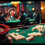 Terlibat dalam permainan Link Mahjong, menghubungkan ubin berwarna-warni di meja kasino mewah.