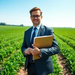 Agriculture lawyer supporting farmers in a vibrant landscape of green fields.