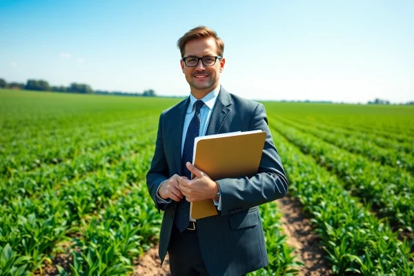 Agriculture lawyer supporting farmers in a vibrant landscape of green fields.