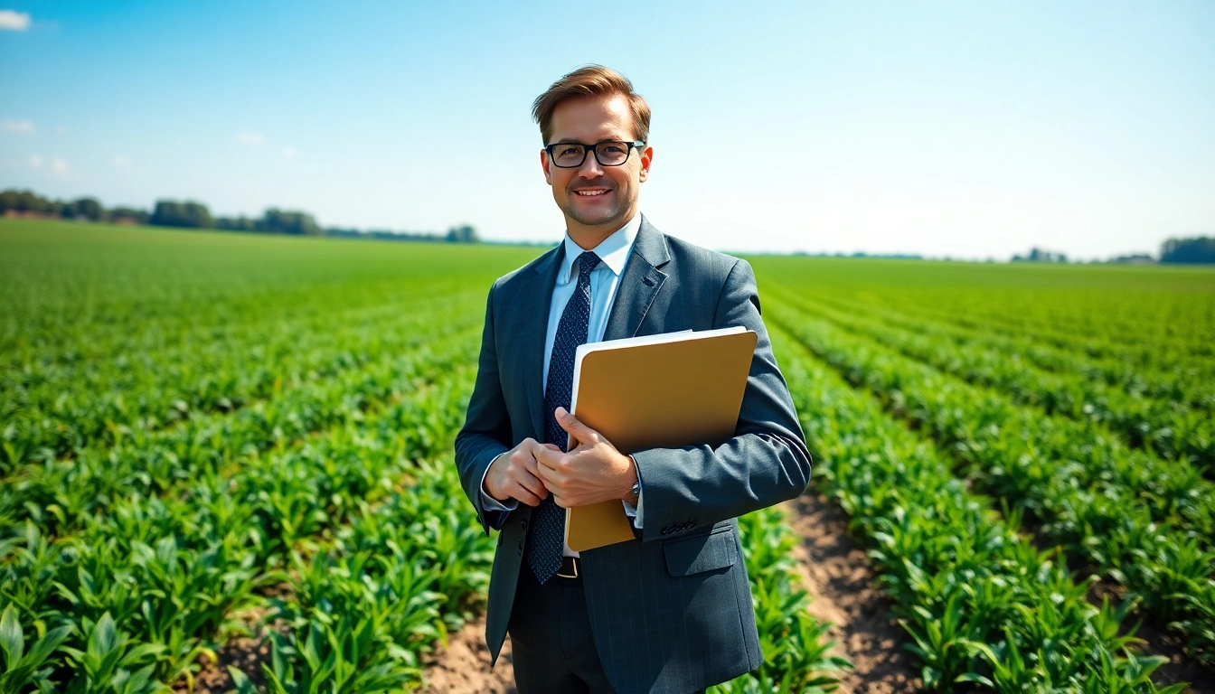 Agriculture lawyer supporting farmers in a vibrant landscape of green fields.