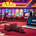 Experience the thrill of bk8thai ทางเข้า with luxurious casino elements including poker tables and slot machines.
