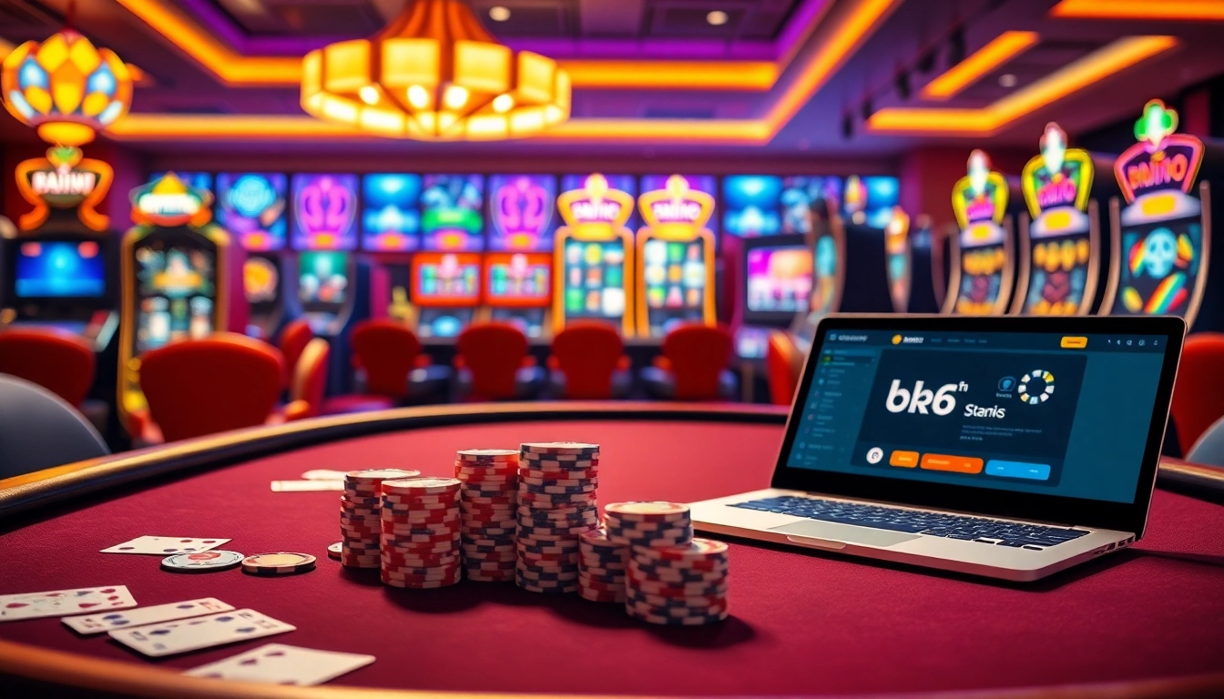 Experience the thrill of bk8thai ทางเข้า with luxurious casino elements including poker tables and slot machines.