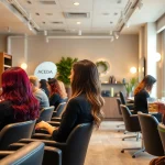 Inside view of addendum salon, featuring hairstylists and clients experiencing premium hair services in a vibrant, eco-friendly environment.