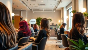 Inside view of addendum salon, featuring hairstylists and clients experiencing premium hair services in a vibrant, eco-friendly environment.