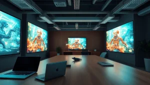 Innovative workspace showcasing nsfw ai technology with vibrant digital art displays.