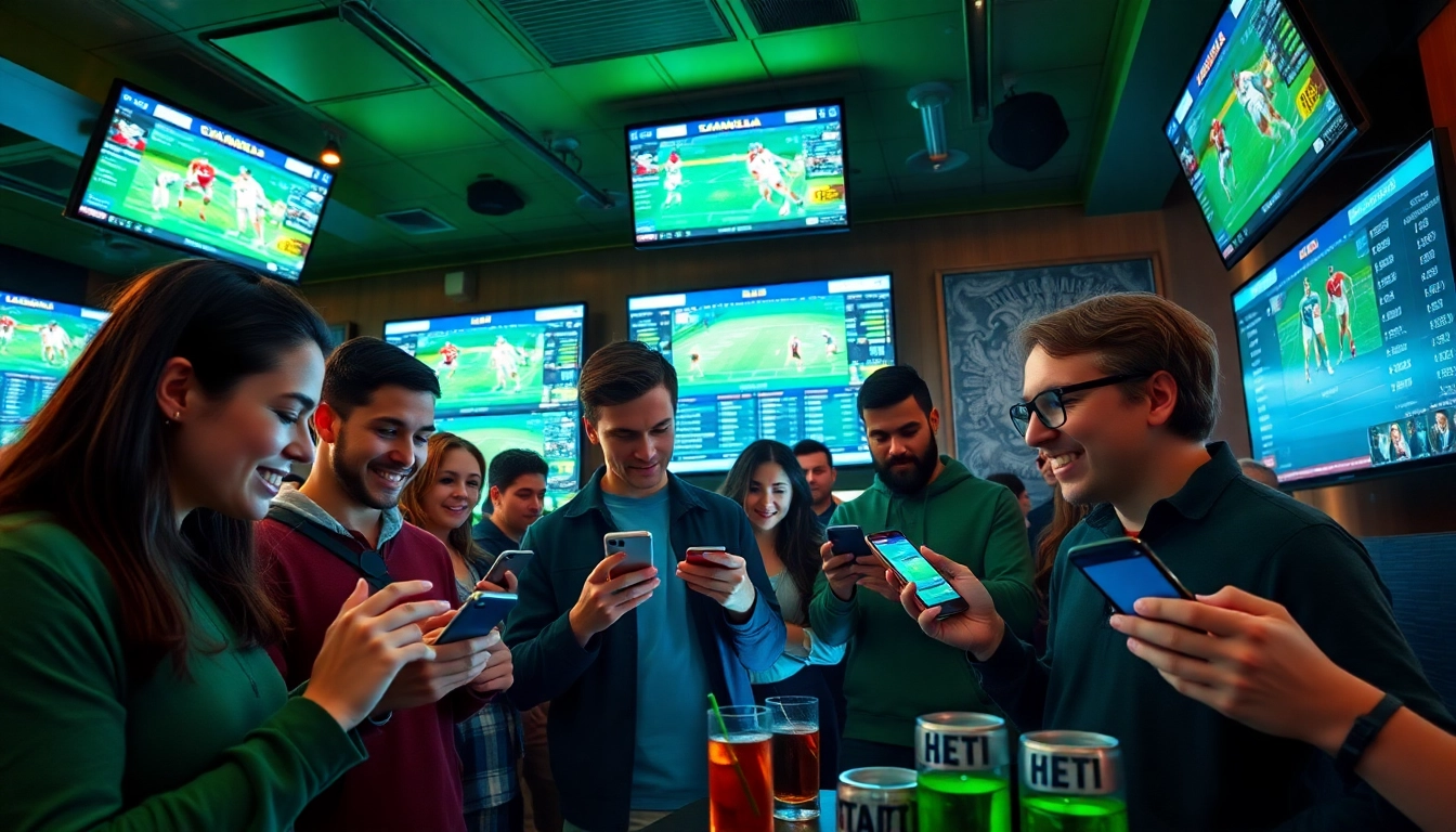 Engaged bettors enjoying online sports betting British Columbia in a vibrant setting with devices and live sports.