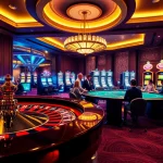 Nền Tảng RR88 featuring an exciting casino scene with roulette, blackjack, and vibrant slot machines.
