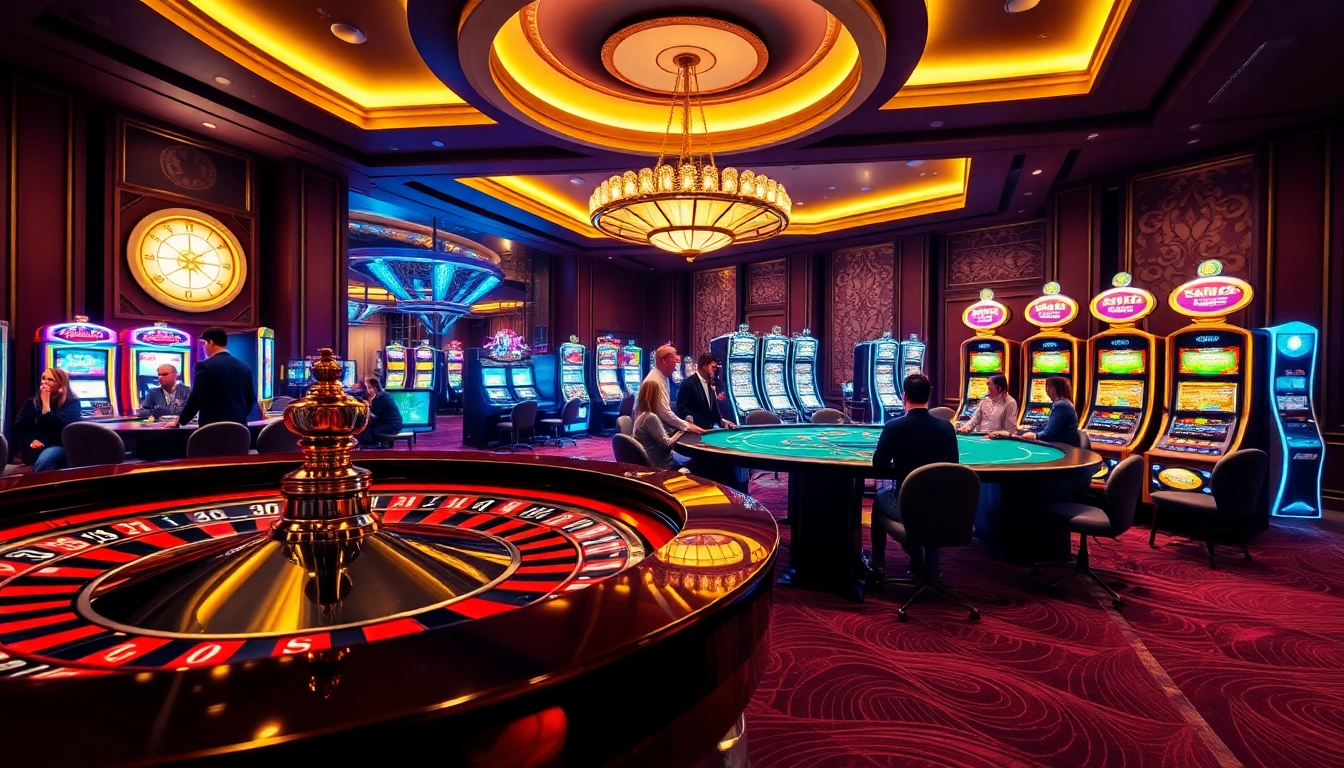 Nền Tảng RR88 featuring an exciting casino scene with roulette, blackjack, and vibrant slot machines.