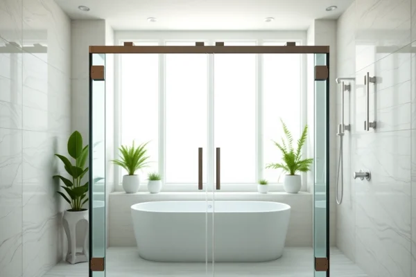 Showcasing elegant shower doors in a modern bathroom with sleek design and natural light.