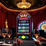 Rasakan sensasi dengan SLOT DEPOSIT PULSA pada mesin slot yang cerah di latar kasino mewah.