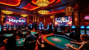 Players enjoying thrilling games at Haywin Casino, showcasing high-stakes poker and vibrant slots.