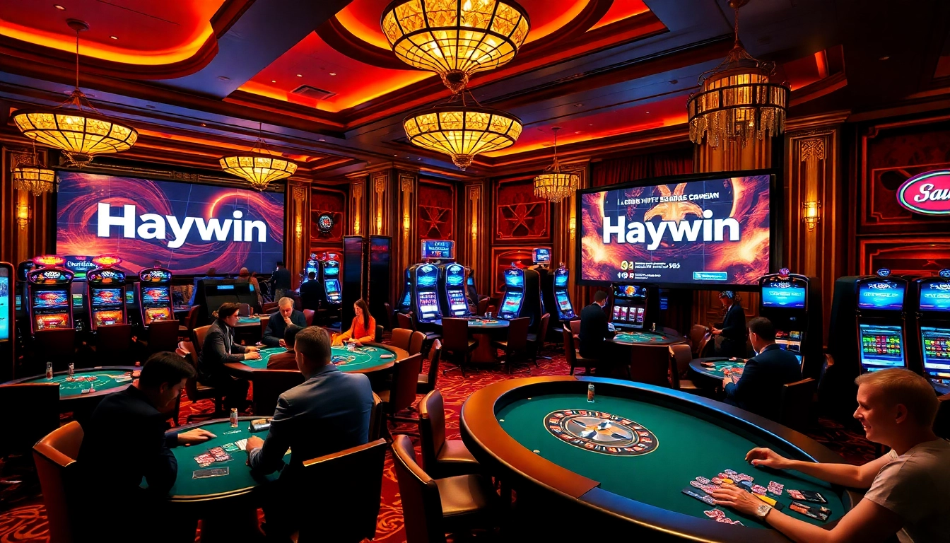 Players enjoying thrilling games at Haywin Casino, showcasing high-stakes poker and vibrant slots.