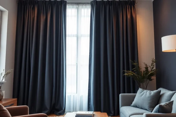 Verduisterende gordijnen in een stijlvolle woonkamer bieden optimale lichtblokkerende eigenschappen.