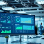 Saas dashboard displaying analytics and user inputs amid a professional office setting.