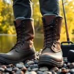 Showcasing fly fishing boots by the river, emphasizing their durability and adventure appeal.