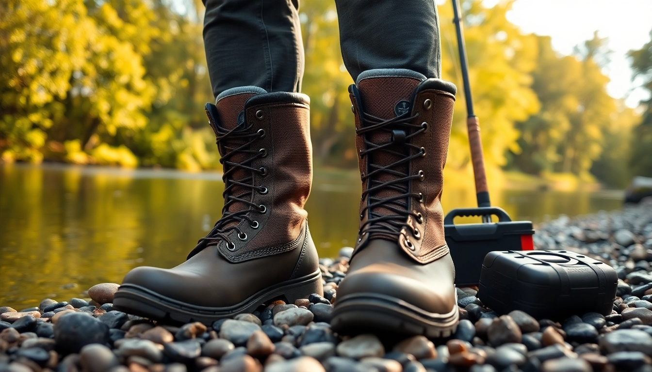 Showcasing fly fishing boots by the river, emphasizing their durability and adventure appeal.