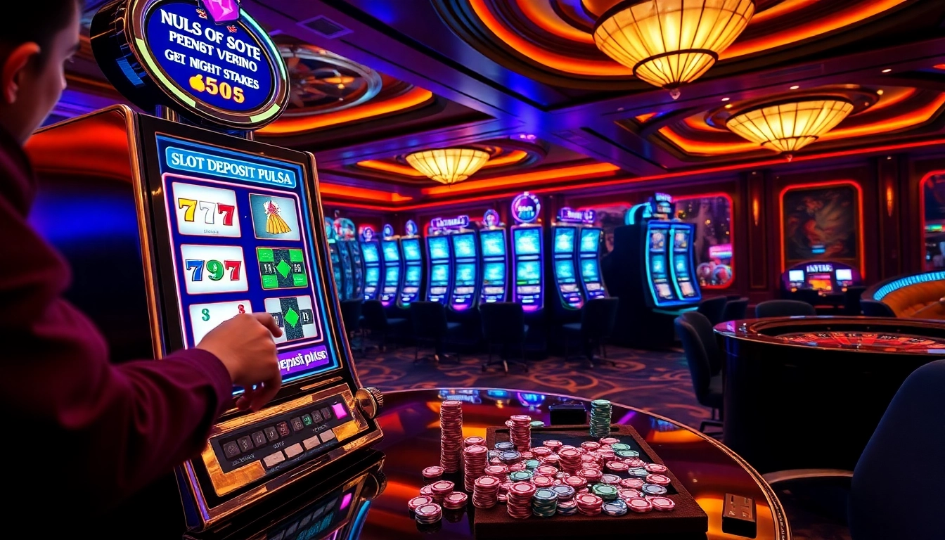 Exciting gambling scene with a player engaging with a slot deposit pulsa machine and casino elements.