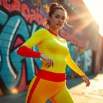 Spandex kopen en ontdekken in een trendy buitenomgeving met een model dat beweeglijkheid toont.