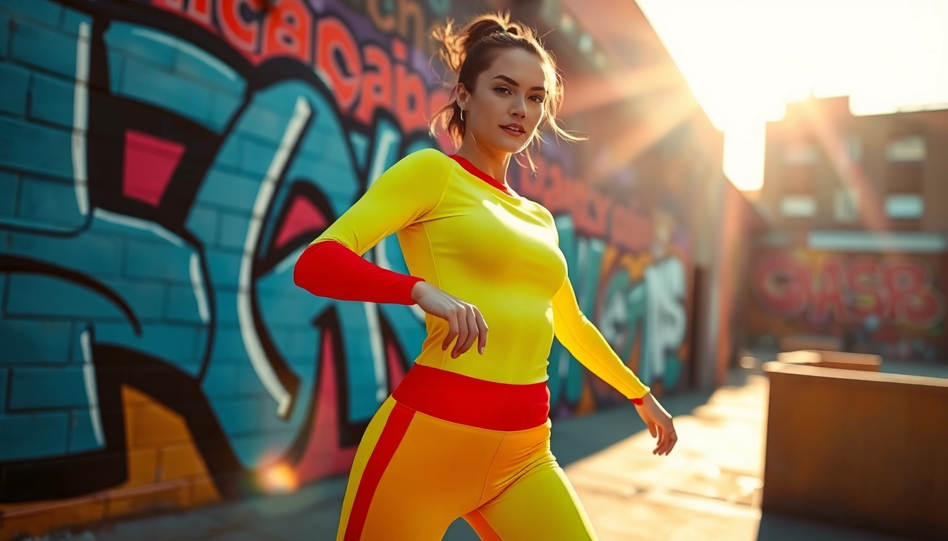Spandex kopen en ontdekken in een trendy buitenomgeving met een model dat beweeglijkheid toont.
