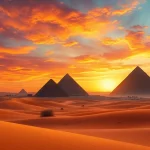 Explore the majestic pyraminds set against a stunning sunset in a serene desert landscape.