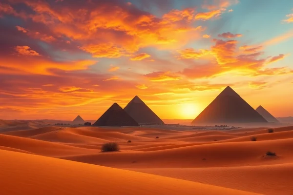 Explore the majestic pyraminds set against a stunning sunset in a serene desert landscape.