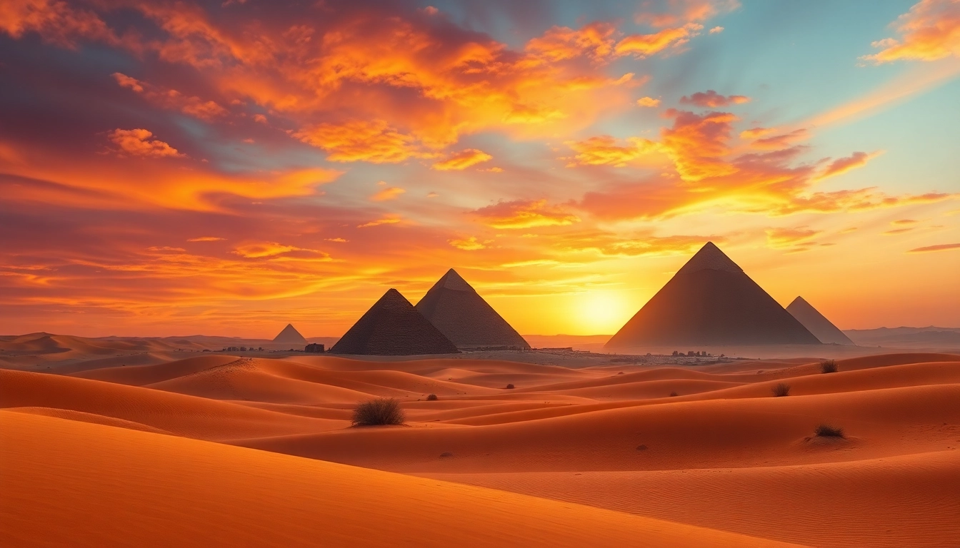 Explore the majestic pyraminds set against a stunning sunset in a serene desert landscape.