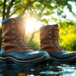 Showcase of Fly fishing boots demonstrating durability and grip near a peaceful river.