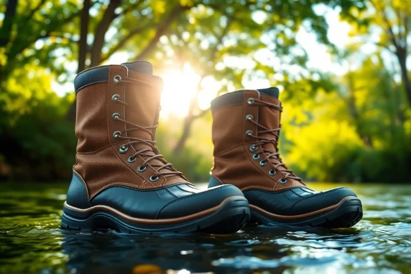 Showcase of Fly fishing boots demonstrating durability and grip near a peaceful river.
