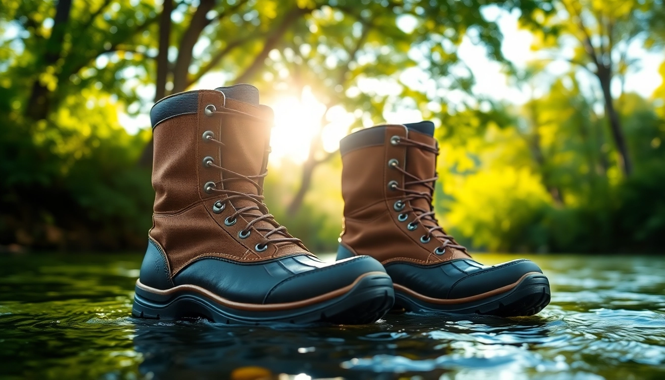 Showcase of Fly fishing boots demonstrating durability and grip near a peaceful river.