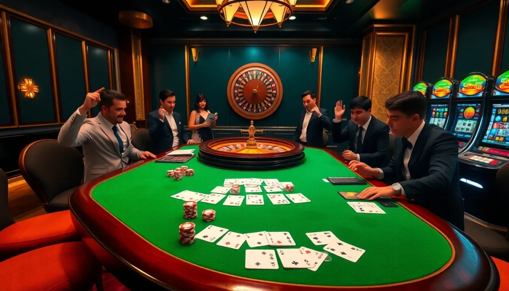 Nk88 gambling scene showcasing poker chips and casino tables in a luxurious atmosphere.