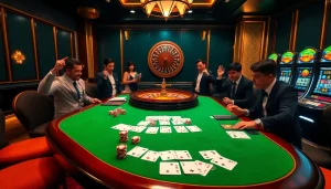 Nk88 gambling scene showcasing poker chips and casino tables in a luxurious atmosphere.
