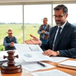 Engaging agriculture lawyer consulting with a farmer in a secure office environment.