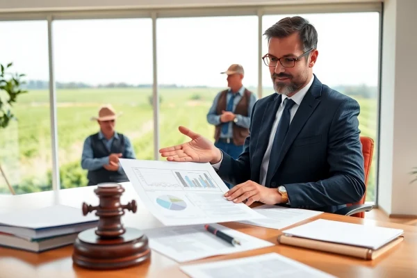 Engaging agriculture lawyer consulting with a farmer in a secure office environment.