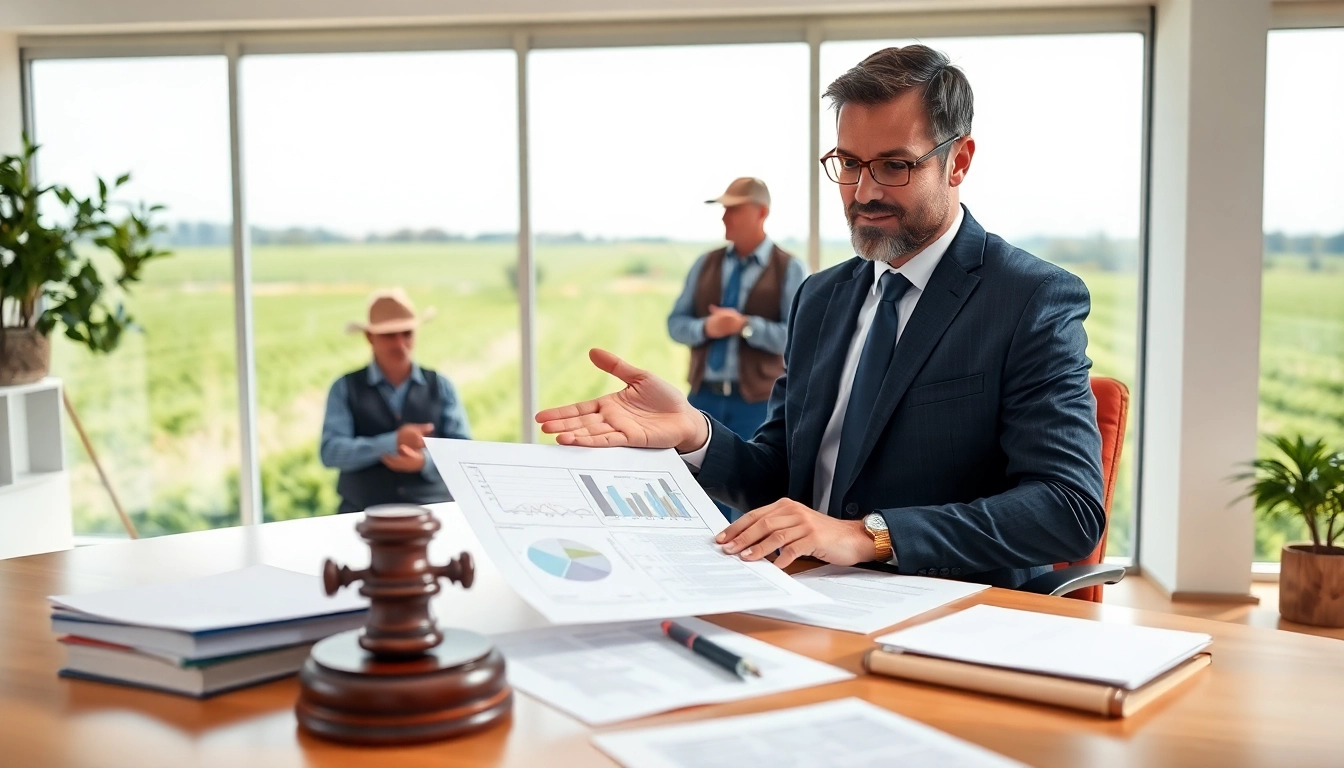 Engaging agriculture lawyer consulting with a farmer in a secure office environment.