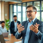 Action-oriented business coach los Angeles inspiring a diverse group in a modern office setting.