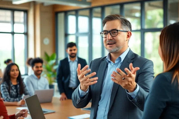 Action-oriented business coach los Angeles inspiring a diverse group in a modern office setting.