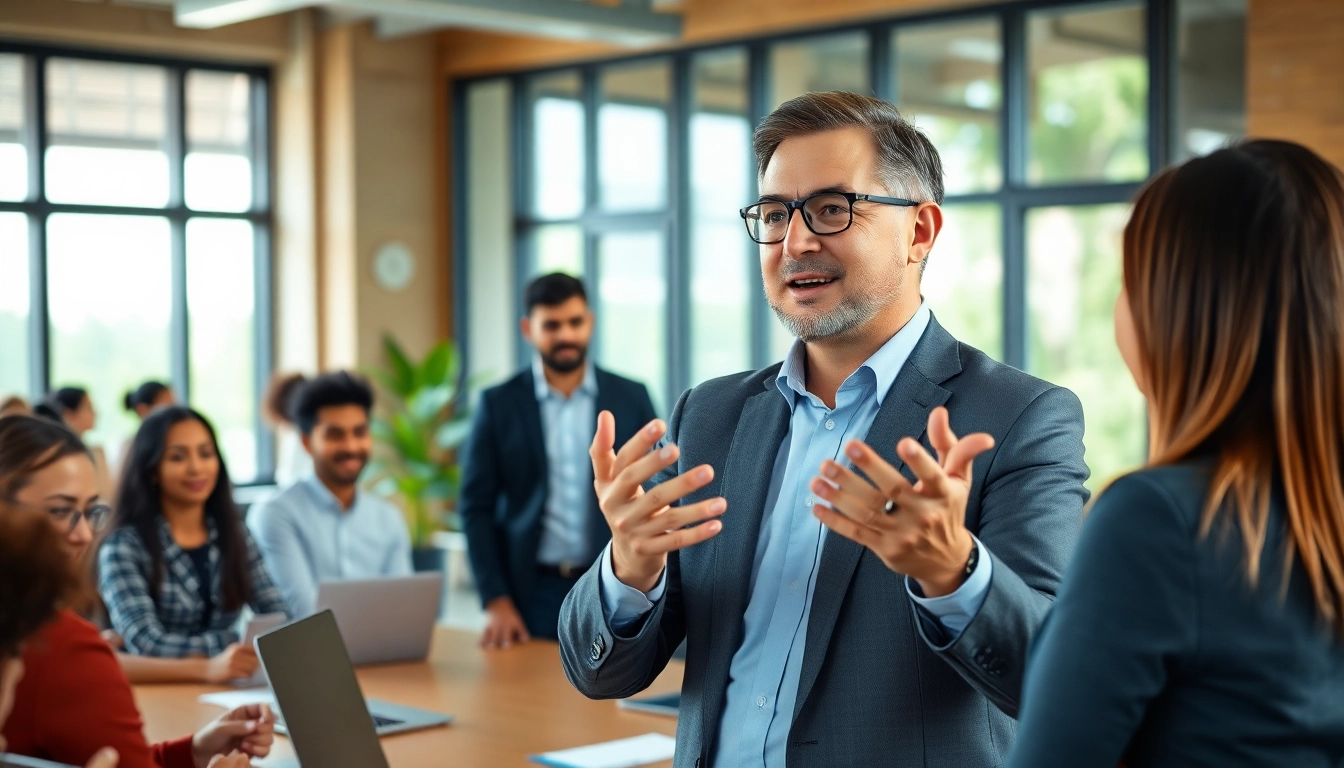 Action-oriented business coach los Angeles inspiring a diverse group in a modern office setting.