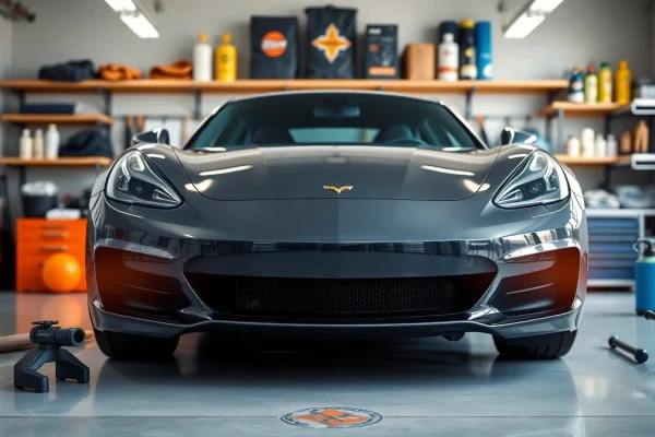 Ceramic coating Chattanooga enhances the shine of a detailed vehicle in a garage environment.