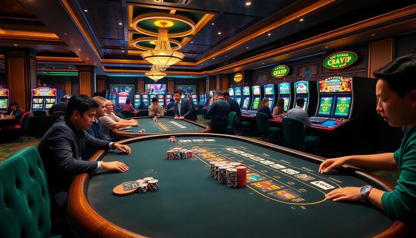 Gambling excitement at 68VIP casino with players at blackjack tables and colorful poker chips.
