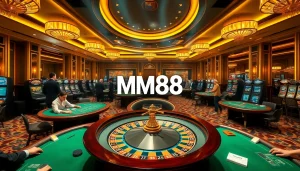 Players engaging at an MM88 casino table with vibrant games and winning excitement in the air.