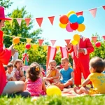 Birthday party entertainers captivating children with magic tricks at a vibrant outdoor celebration.