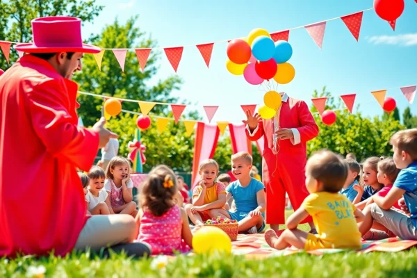 Birthday party entertainers captivating children with magic tricks at a vibrant outdoor celebration.