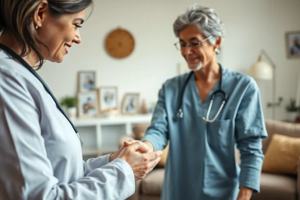 Senior care austin tx exemplified through a caregiver providing compassionate support in a warm living room.