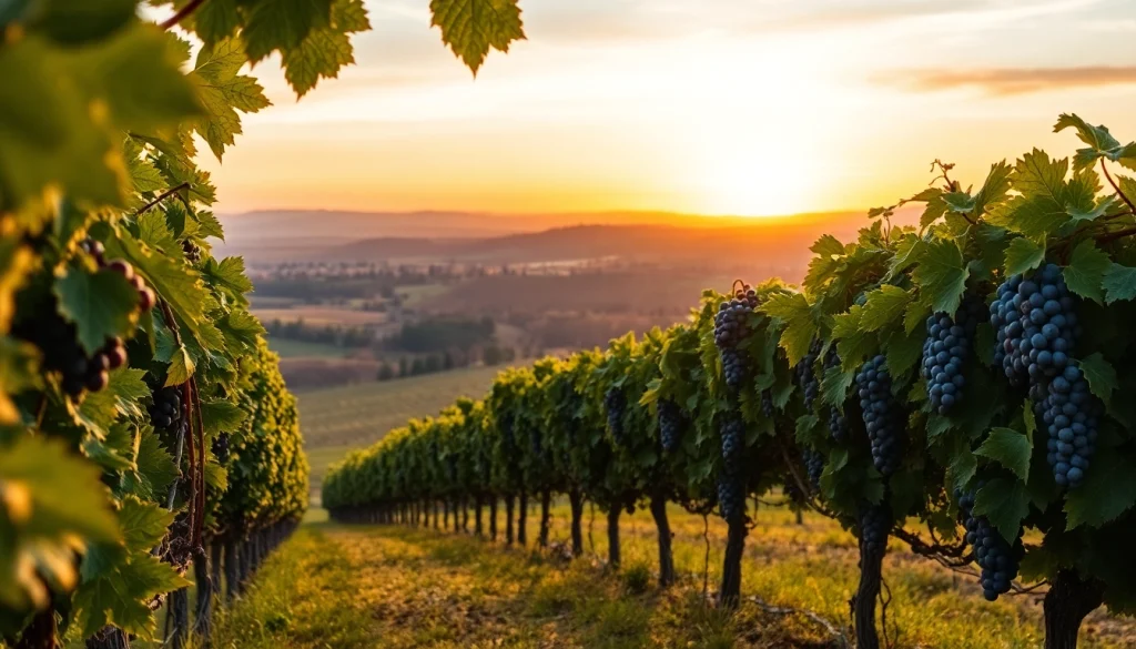Beautiful view of clarksburg wineries with ripe grapevines in a tranquil sunset.