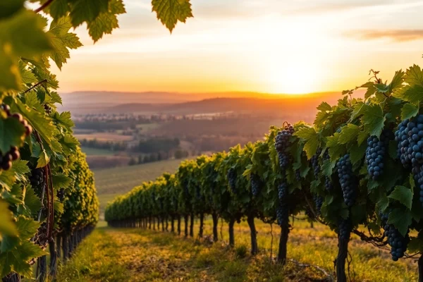 Beautiful view of clarksburg wineries with ripe grapevines in a tranquil sunset.